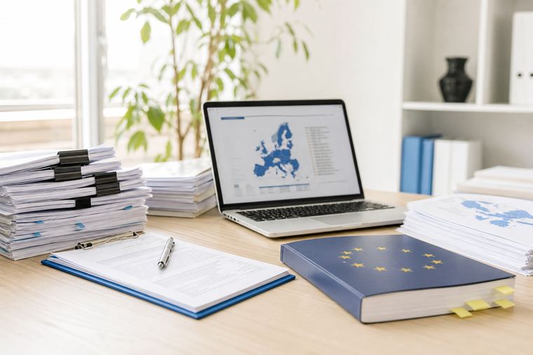 Schermo di un computer da tavolo con cuffie e mouse, postazione per le verifiche sugli aiuti ricevuti